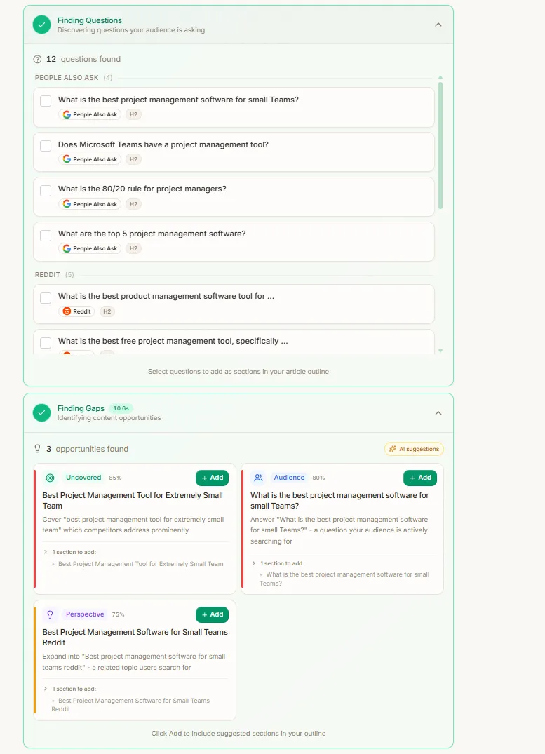 Frase SERP analysis results with competitor headings and word counts