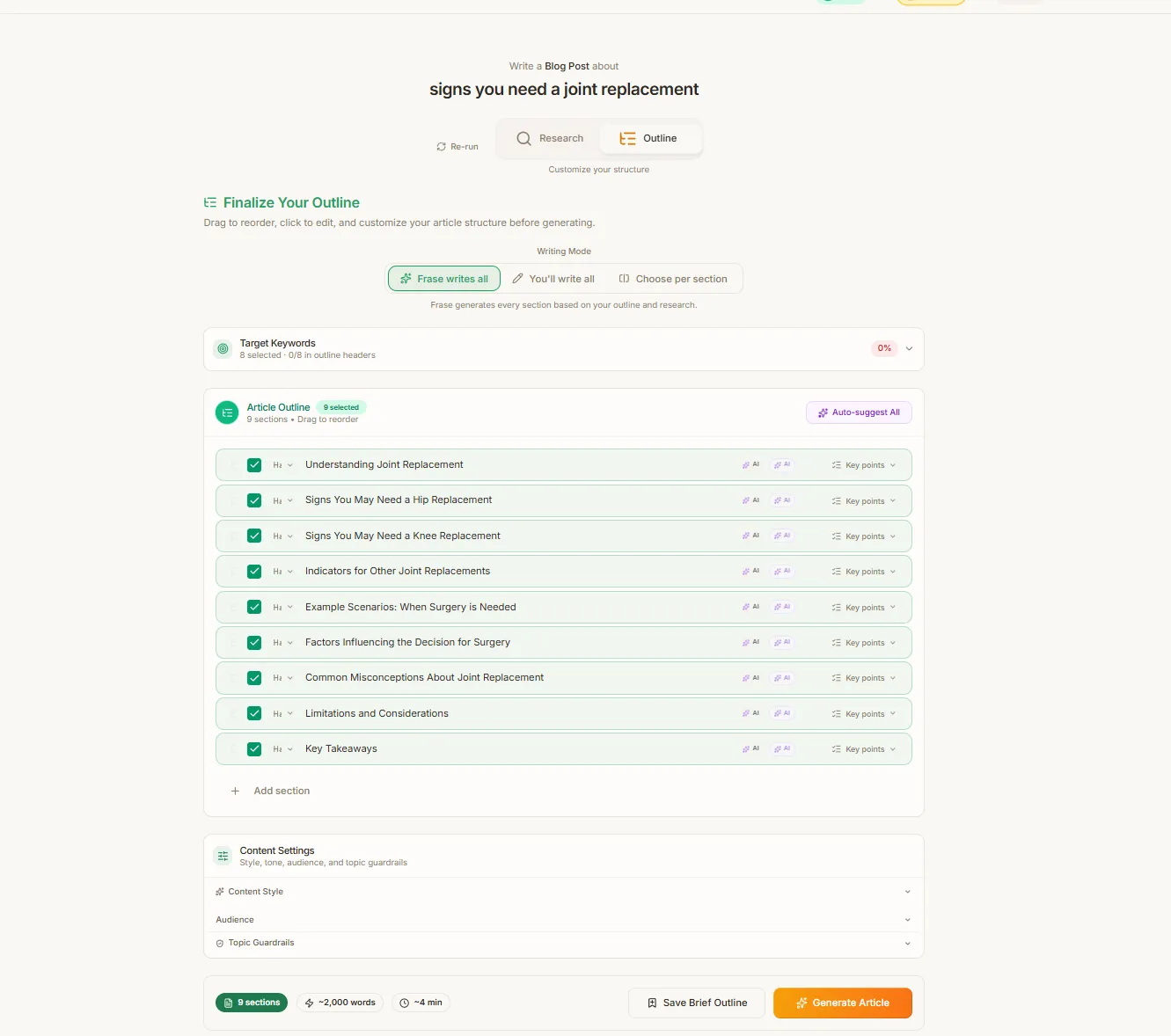 Frase.io content brief for a healthcare keyword