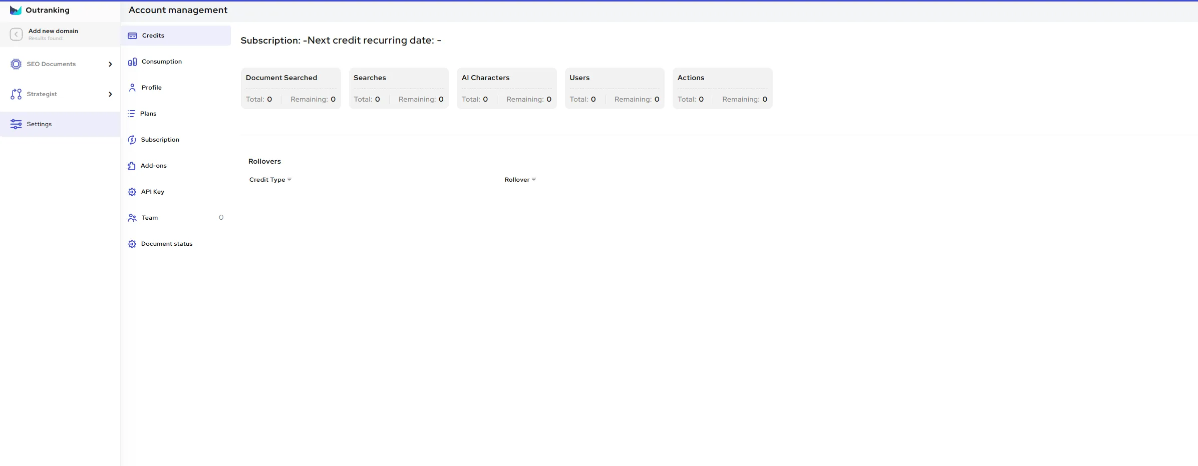 Outranking content management dashboard showing optimization scores and project overview