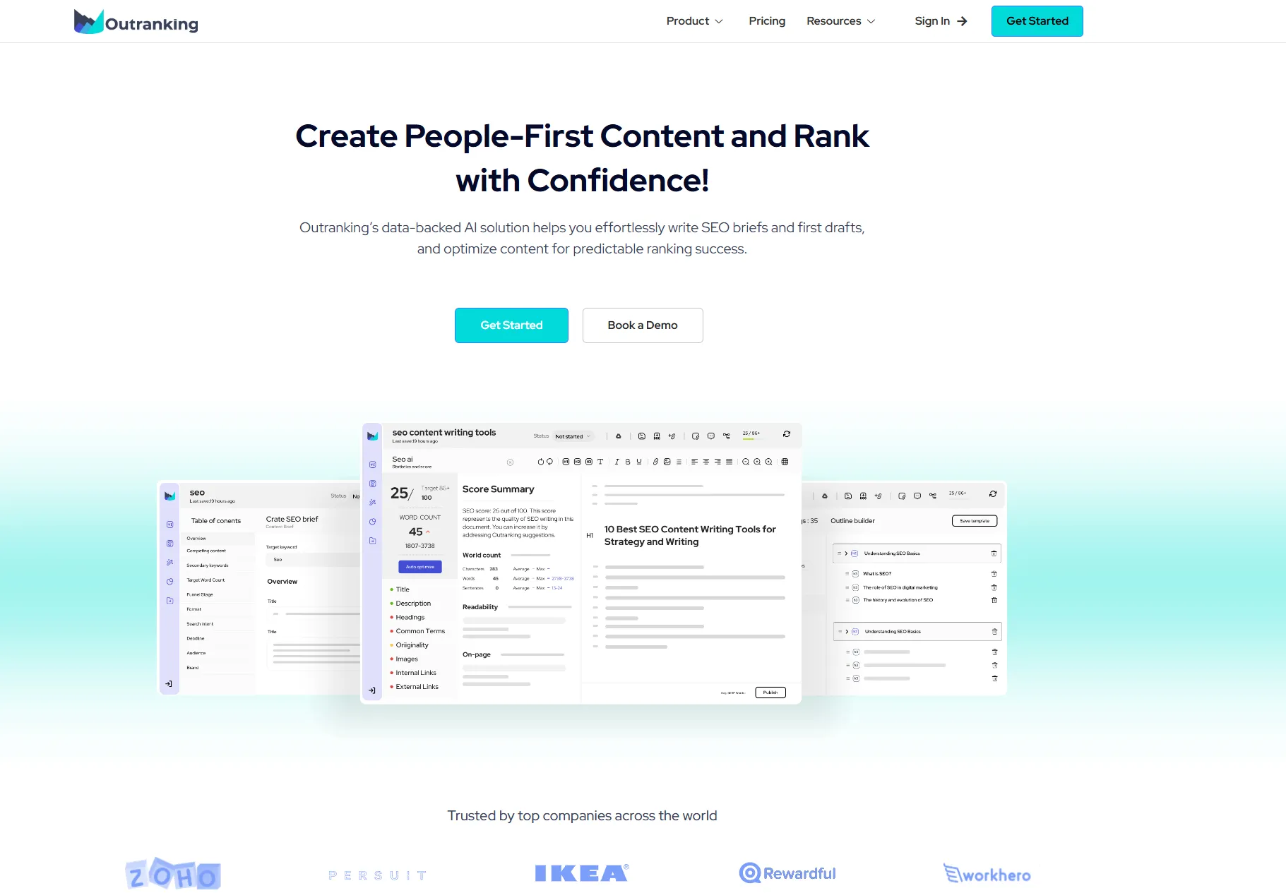 Outranking homepage showing end-to-end SEO content workflow tools