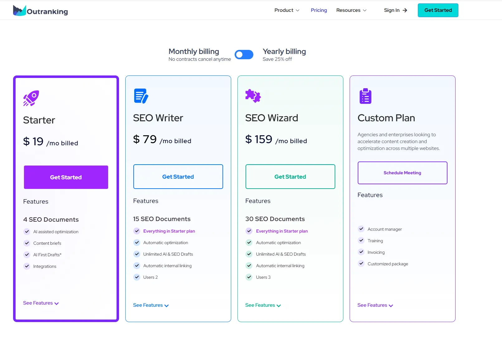 Outranking pricing from $19/mo Solo to $159/mo Company plans