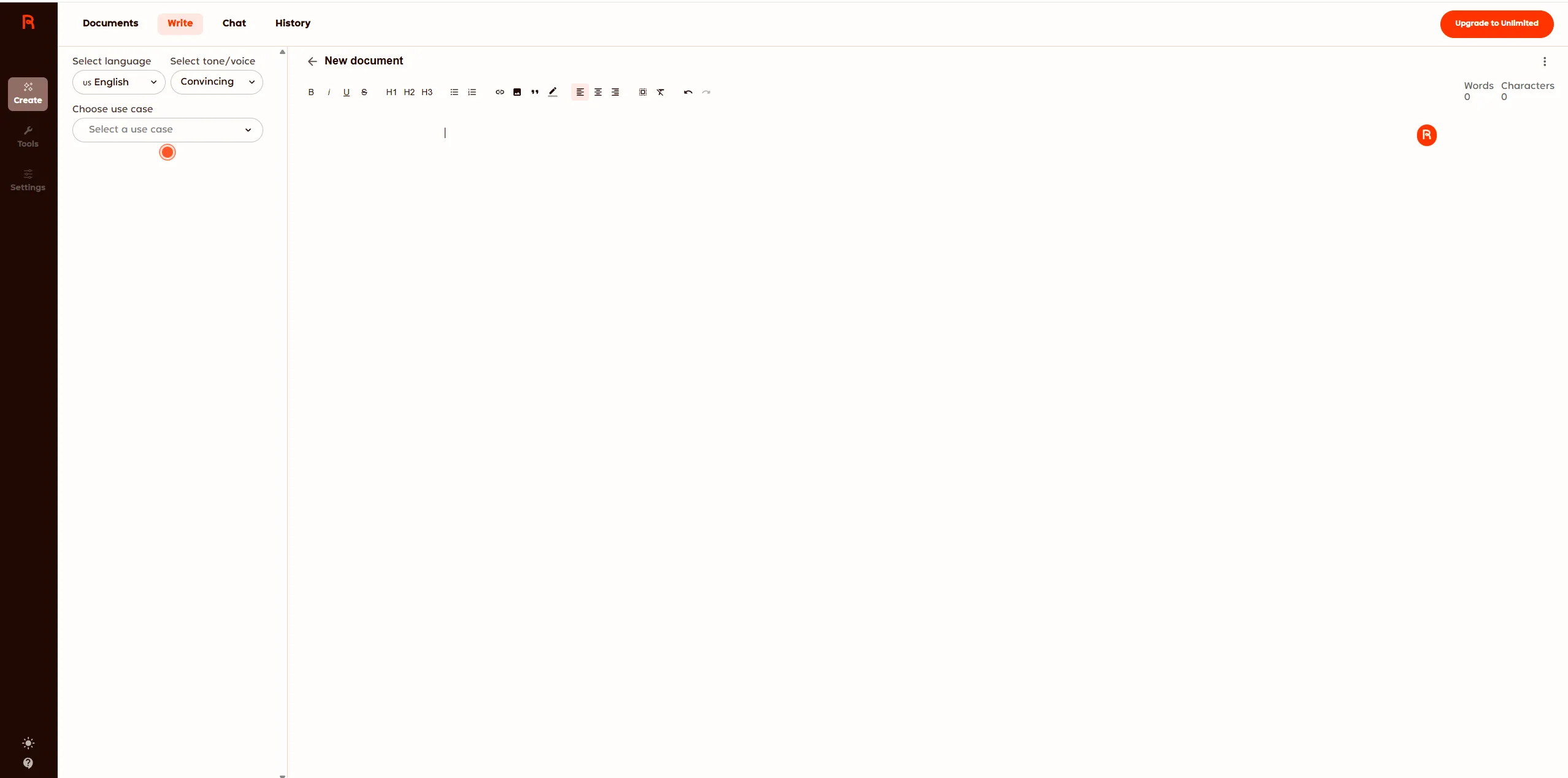 Rytr writing interface showing language selector, tone picker, and use case dropdown