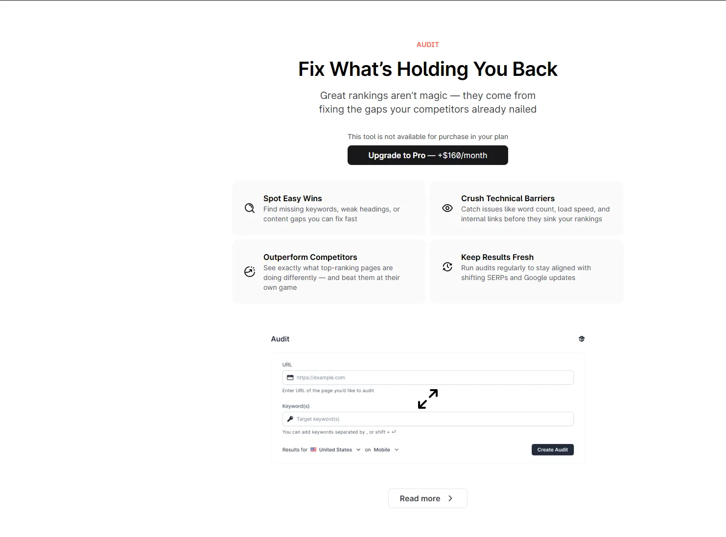 Surfer SEO Content Audit showing optimization recommendations for existing content
