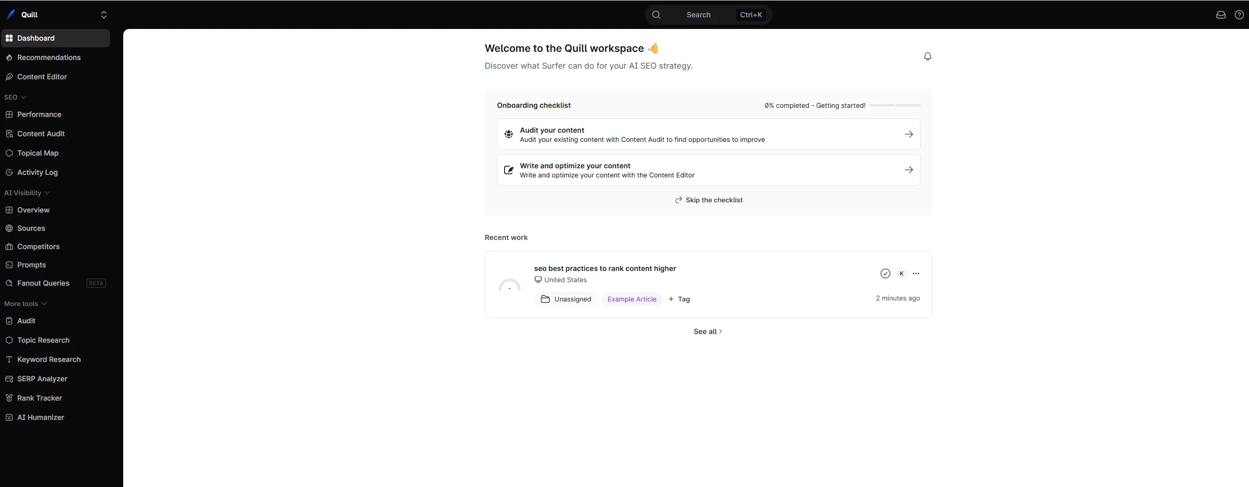 Surfer SEO dashboard showing content editor, SERP analyzer, and audit tools